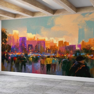 Printable Wall Art, Wallpaper By The Yard, Housewarming Gift, People In A City Park Wall Stickers, Cityscape Wall Decor, Landscape Wallpaper