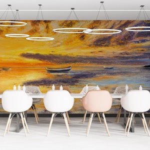 Seascape Painting Wall Mural: Abstract Boat Art, Peel and Stick Wallpaper