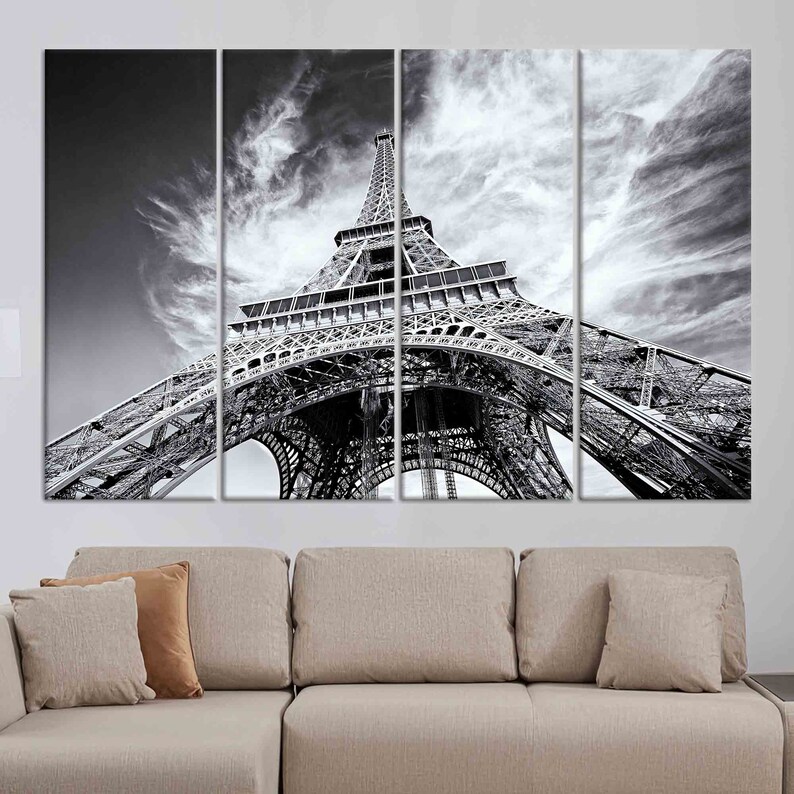 Eiffel Tower Canvas Wall Art: Paris Landscape, Glass Decor SET OF 4 CANVAS
