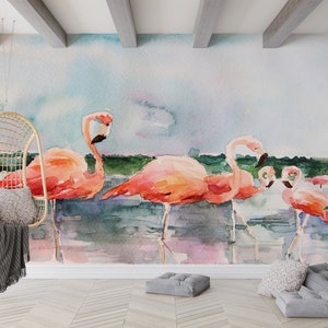Animal Wallpaper Panels, Contact Paper, 3D Papercraft, Handmade Gift, Watercolor Flamingo Painting Wall Print, Abstract Flamingo Wallpaper,
