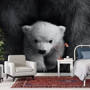 Art du papier peint personnalisé, papier auto-adhésif, panneaux de papier peint, cadeau de pendaison de crémaillère, stickers muraux bébé ours polaire, décoration murale ours, papier peint animaux,
