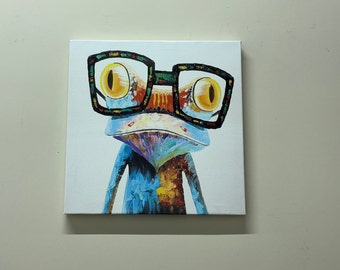 Gift For The Home, Wall Art, Fun Animals Canvas, Rainbow Frog With Glasses, Nursery Decor, Art Decor, Framed Wall Art, Framed Wall Art,