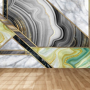 3D Modern Wallpaper, Paper Anniversary, Printable Wall Art, Gift For Him, Green And Gray Marble Wall Decals, Gray Marble Wallpaper, 3D Paper