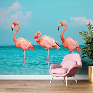 3D Papercraft, Removable Wall Decor, 3D Wall Paper, Housewarming Gift, Three Flamingos Paper Art, Seascape Wall Mural, 3D Animal Wallpaper,