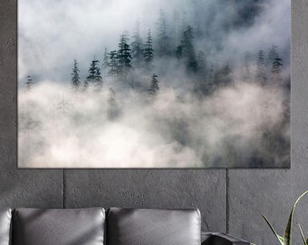 Misty Forest Landscape Canvas Poster, Tranquil Foggy Pine Trees Wall Art Print on Cotton Canvas, Nature Home Decor for Calm and Cozy Spaces