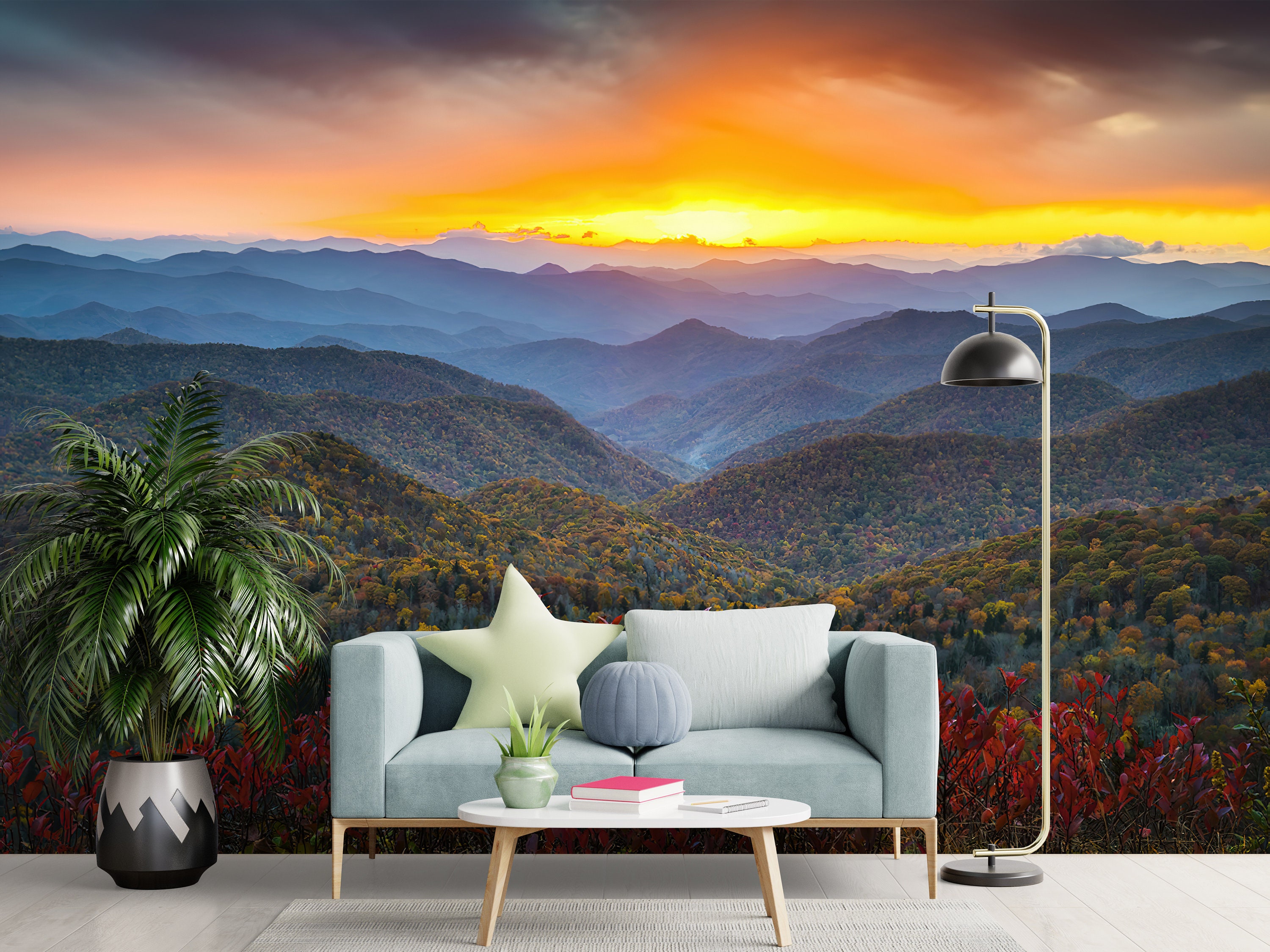 Sunset Mountain Landscape Wallpaper: Peel and Stick Removable Wall Art ...