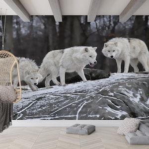 Tapete schälen und aufkleben, Art Deco Tapete, Geschenk für Haus, Geschenk für sie, drei Wölfe Wandaufkleber, Wolf-Liebhaber Wandkunst, Mann Höhle Dekor,