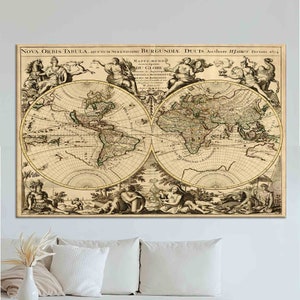 Vintage World Map Canvas Wall Art, 1694 Antique Globe Print, Historical Map Poster, Old World Style Decor for Study or Library