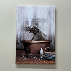 Cute Elephant Wall Decoration, Animal Art Glass, Bathtub Elephant Canvas, Canvas Poster, Canvas Wall Art, Bathroom Wall Art, Framed Canvas,