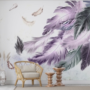 Wanddekoration, selbstklebendes Papier, Tapete Wandbild Kunst, Geschenk für Ihn, lila und graue Feder Malerei Wandtattoos, 3D moderne Tapete,