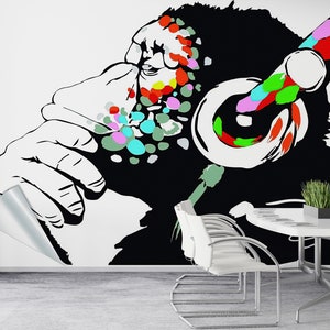 Wallpaper Border, 3D Wall Art, Wall Paper Peel And Stick, Gift Wallpaper, Banksy Thinking Monkey Wall Painting, Music Graffiti Wallpaper,