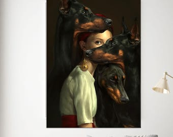 Gothic Woman with Dobermans Canvas Print: Dark Feminine Portrait Art