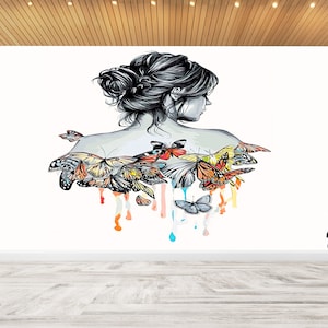 Personalized Butterfly Girl Drawing Wallpaper: 3D Modern Wall Decor
