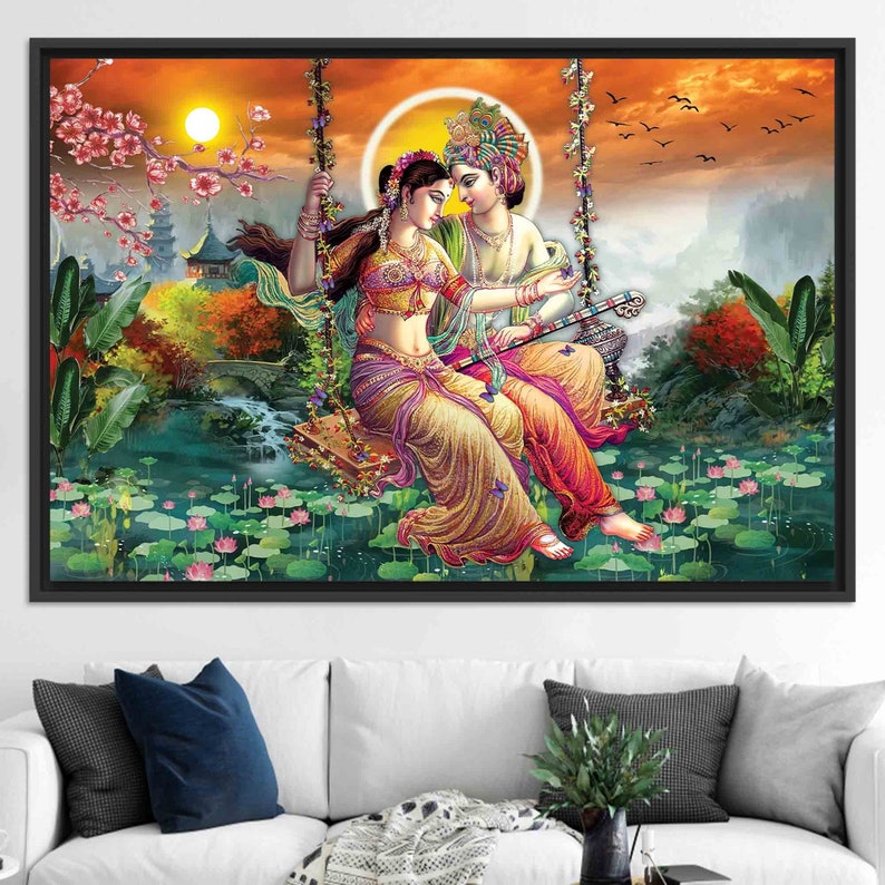 Personalized Gift, Canvas Art, Large Wall Art, Radha Krishna, Hindu Gift, Poster, Hindu Wall Decor, Gift for Him, Room Decor, Large Wall Art BLACK FRAMED CANVAS