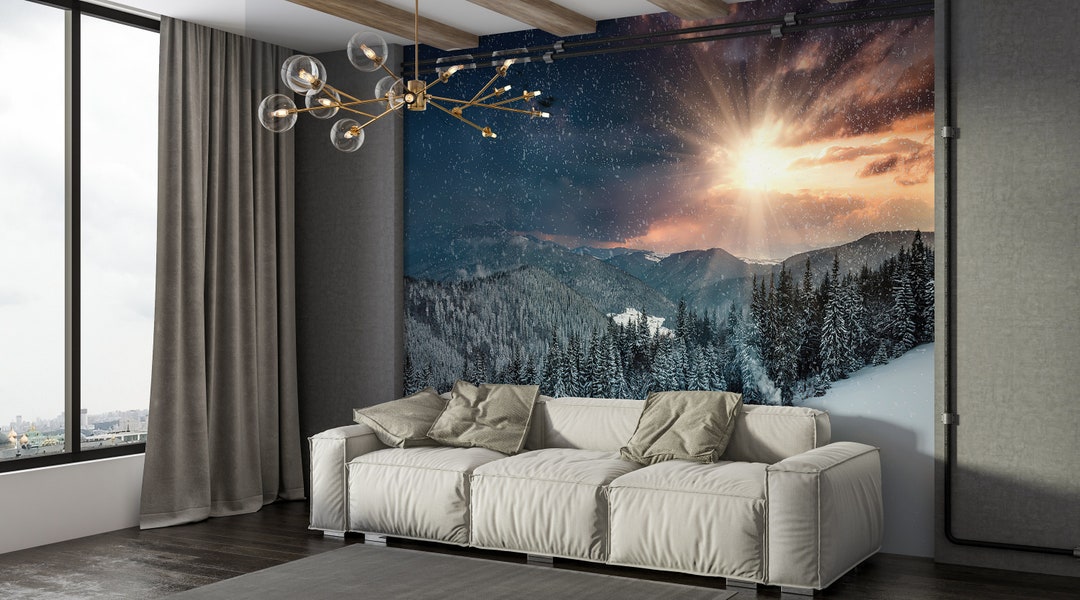 Sunset Mountain Landscape Wallpaper Mural - Peel and Stick Wall Decor ...
