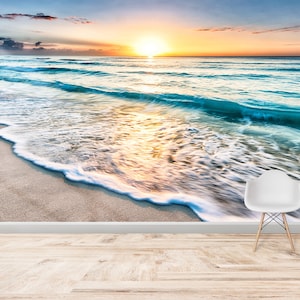 Carta da parati costiera, Carta da parati staccabile e incollabile, Lavoretti con la carta, Regalo per la casa, Carta digitale Tramonto sull'oceano, Mestiere con la carta con vista sulla spiaggia,
