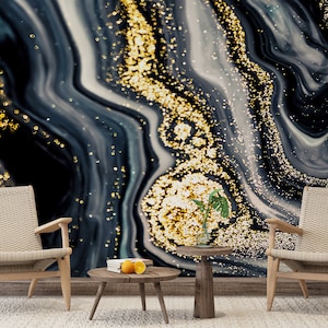 Wall Decoration, Removable Wall Paper, Gift For Him, Black And Gold Marble Wallpaper, Shimmery Wall Mural, Marble Wallpaper, 3D Wall Mural,