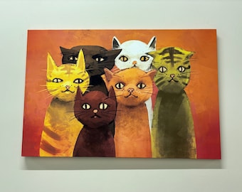 Personalized Six Cats Painting Print: Cat Lover Canvas Wall Art
