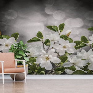 Paper Anniversary, Custom Wall Paper, Gift For Her, White Magnolia Flower Mural, Magnolia Flower Wall Painting, Landspace Wallpaper, 3D Art