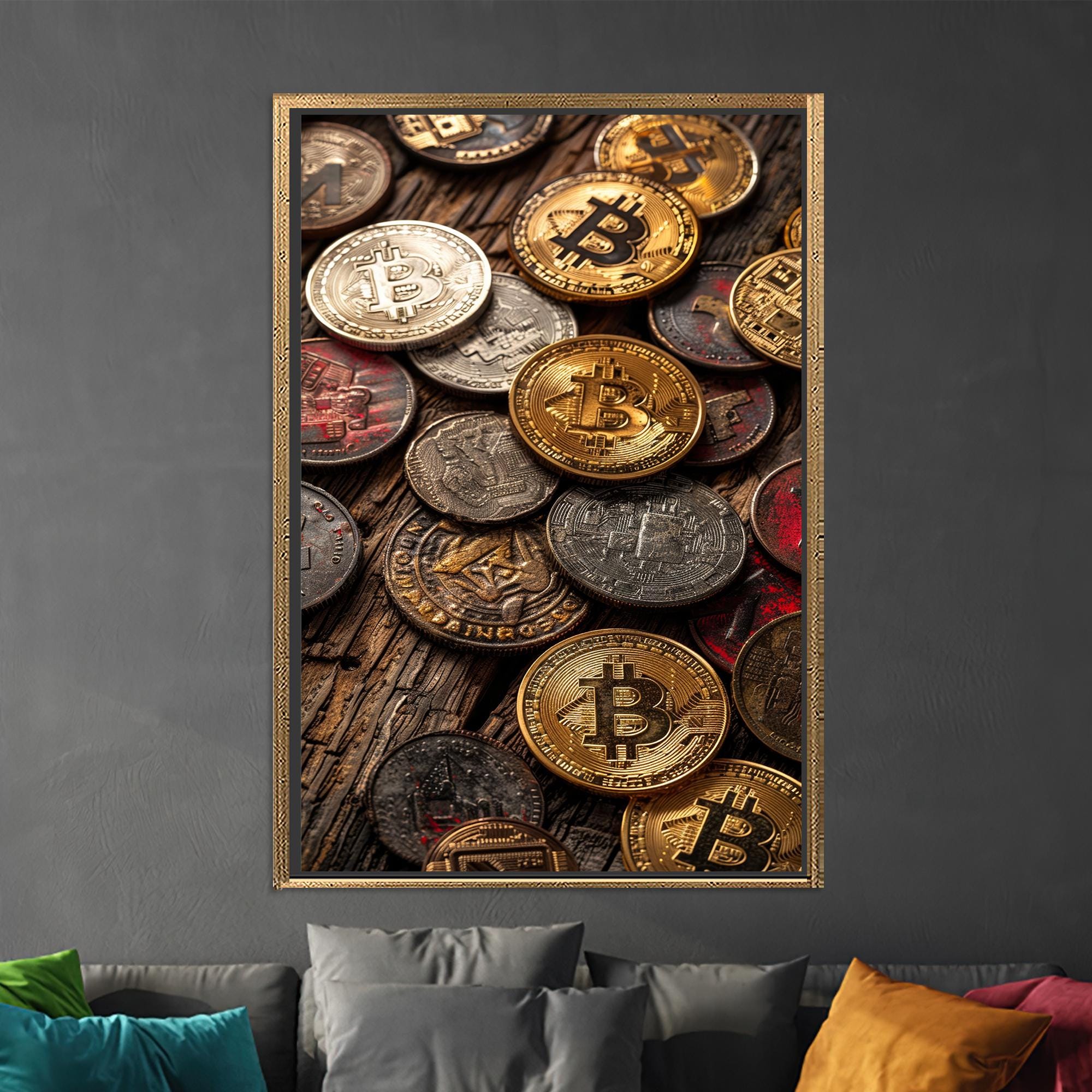 ビットコイン暗号通貨ウォールアートポスター、コットンキャンバスにデジタルコインキャンバスプリント、オフィスやゲームルームに最適なモダンな暗号通貨投資家向け装飾  - Etsy 日本