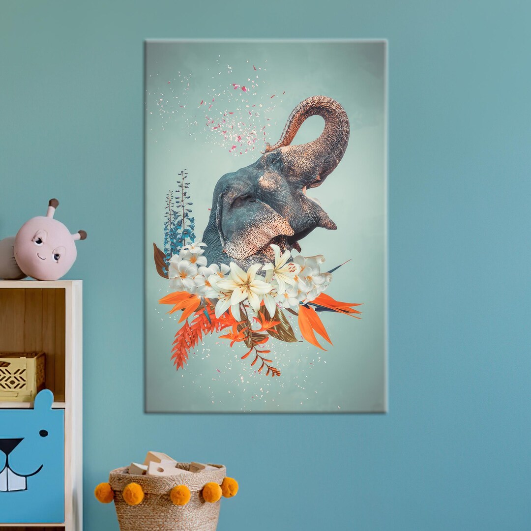 Elephant Wall Art Poster, Floral Jungle Decor on Cotton Canvas, Modern ...