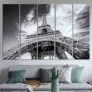 Eiffel Tower Canvas Wall Art: Paris Landscape, Glass Decor SET OF 5 CANVAS