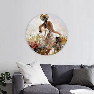 Woman with Bicycle Tempered Glass Wall Art: Abstract Painting