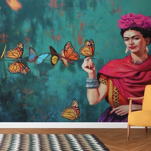 Frida Kahlo Schmetterling Tapete, Buntes Schälen und Aufkleben Wandbild, Künstlerische Wohnzimmer Wanddekoration