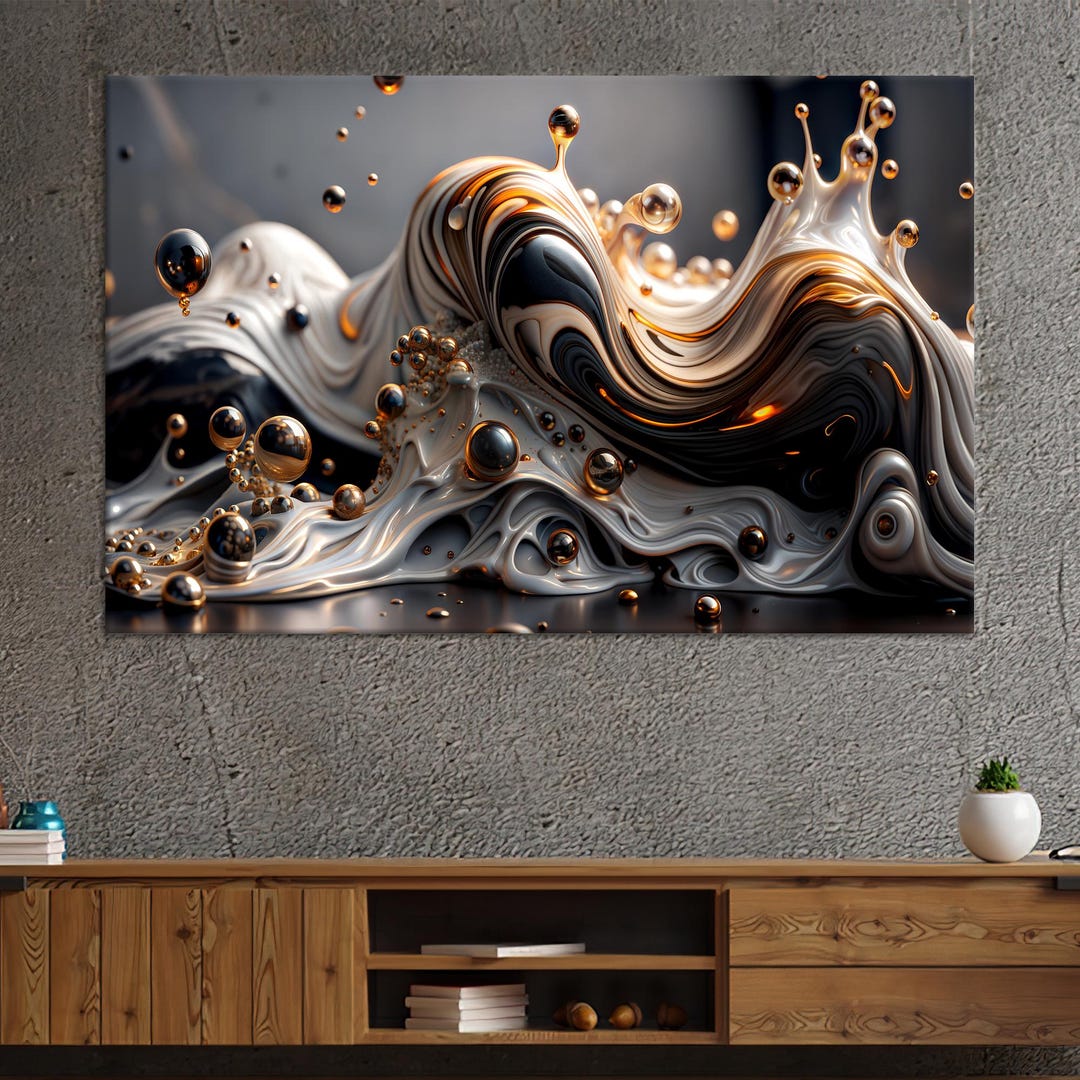 Abstract Liquid Splash Canvas Wall Art, Modern Gold and Black Fluid ...