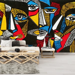 Wall Mural Wallpaper, Wall Decals Murals, Wallpaper By The Yard, Gift For Him, Surreal Colored Faces Wall Decor, Surreal Face Paper Art,