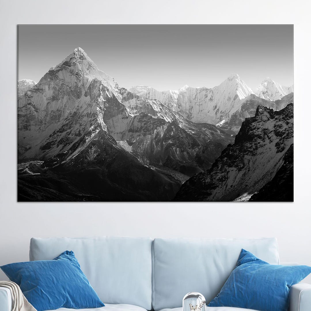 Black and White Mountain Landscape Canvas Wall Art – Majestic Snowy ...