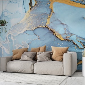 Blue and Gold Marble Wallpaper: 3D Effect Peel and Stick Wall Art