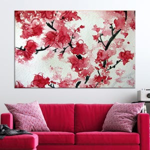 Arte mural de acuarela con flores de cerezo, impresión en lienzo floral de Sakura, pintura zen japonesa, decoración del hogar con flores de primavera rosas, arte botánico natural