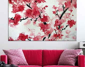 Arte mural de acuarela con flores de cerezo, impresión en lienzo floral de Sakura, pintura zen japonesa, decoración del hogar con flores de primavera rosas, arte botánico natural