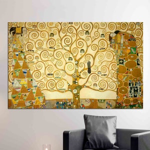 Gustav Klimt Canvas Art, Klimt The Tree Of Life Canvas Print, Famous Glass Wall Art, Tree Life Glass Art Wall Decor, 3D Minimalist Wall Art