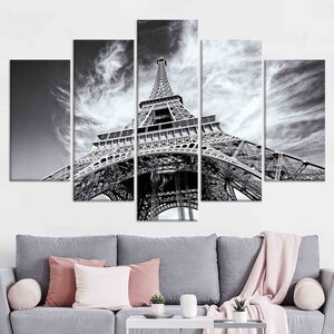 Eiffel Tower Canvas Wall Art: Paris Landscape, Glass Decor SET OF 5 MIX CANVAS