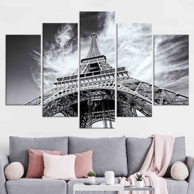 Eiffel Tower Canvas Wall Art: Paris Landscape, Glass Decor SET OF 5 MIX CANVAS