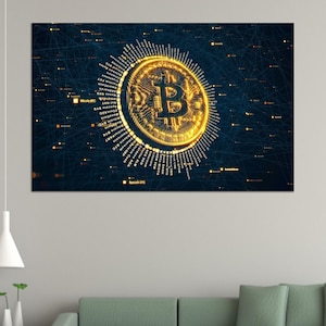 May include: A digital art print featuring a glowing gold Bitcoin symbol. The Bitcoin is surrounded by a ring of text and set against a dark blue background with connecting lines and small, illuminated dots. The artwork is displayed on a wall.