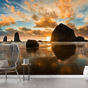 Carta da parati paesaggistica, Decorazione artistica da parete, Carta da contatto, Regalo per la casa, Adesivi murali Oregon Coast Haystack Rock, Bellissimo sfondo del cielo,