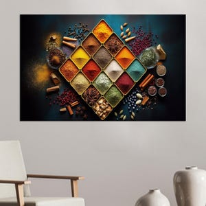May include: A vibrant, artistic display of various spices arranged in a diamond pattern. The image showcases an array of colors, including yellow, orange, red, green, and brown, with cinnamon sticks, star anise, and peppercorns scattered around the central arrangement.