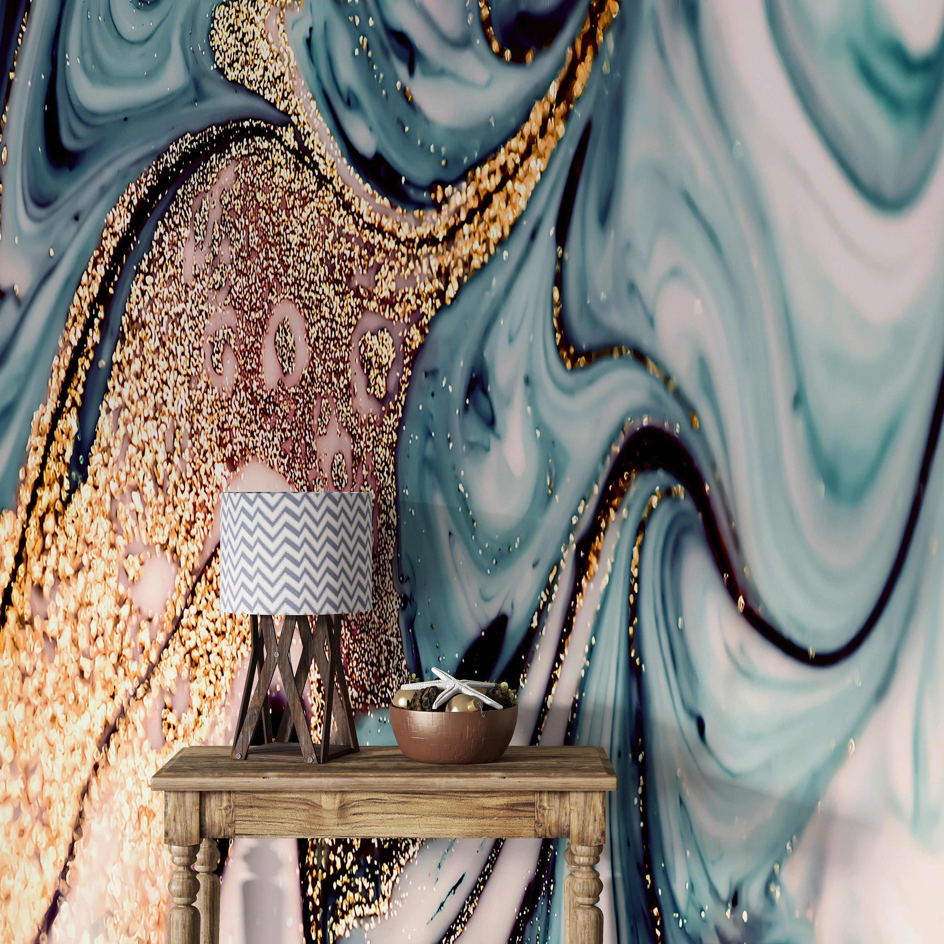 Blue and Gold Marble Wallpaper Mural: Peel and Stick Wall Decal - Etsy