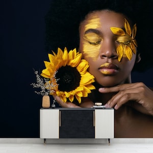 Selbstklebendes Papier, 3D Wallpaper, Geschenk Wallpaper, Afrikanische Frau und Sonnenblumen Wallpaper, Abstrakte Frau,