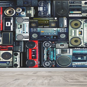 Tapete Schälen und Aufkleben, Wandbild Tapete, Helle Tapete, Geschenk für Ihn, Boombox Papierkunst, Kassettenwand, Musik Wanddekor,