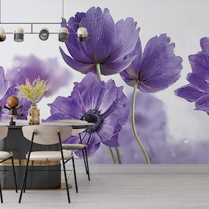 Carta da parati 3D, carta da parati rimovibile, carta da parati in vinile, regalo di inaugurazione della casa, arte della parete con fiori viola, mestiere di carta con fiori viola, murale di fiori,