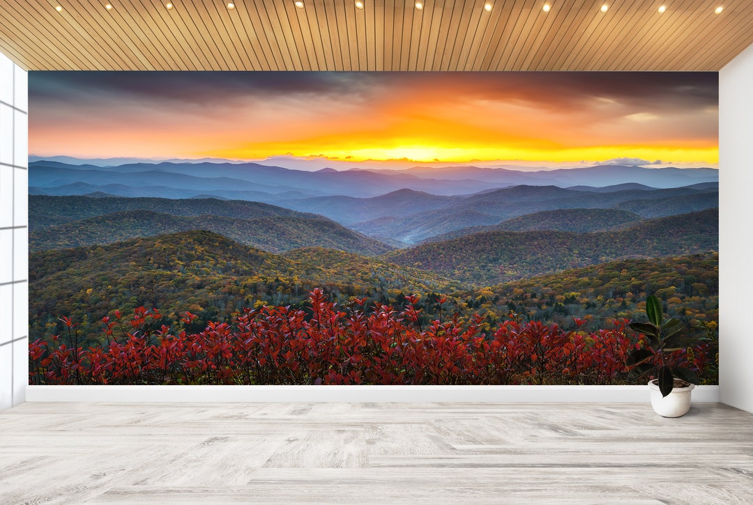 Sunset Mountain Landscape Wallpaper: Peel and Stick Removable Wall Art ...