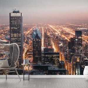 Carta da parati paesaggistica, decalcomanie per pareti, arte da parete stampabile, regalo di inaugurazione della casa, vista notturna del mestiere di carta di Chicago, decorazione della parete con vista di Chicago