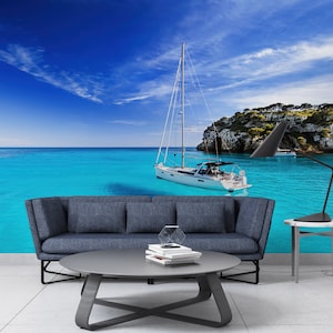 Arte della parete in carta, decalcomanie murali, decorazione dell'arte della parete, regalo di inaugurazione della casa, carta digitale con vista sull'oceano, stampa murale tropicale, vista arte della carta,