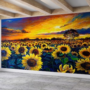 Decorazione da parete rimovibile, Carta da contatto, Decorazione da parete, Regalo per lei, Carta da parati pittura campo di girasole, Carta da parati girasole, Decorazione della fattoria