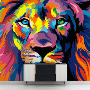 Decorazioni per pareti, Lavoretti con la carta 3D, Carta da parati regalo, Arte della carta con leone colorato, Murale astratto, Carta da parati con animali, Carta da parati con leone colorato 3D,
