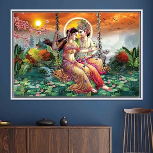 Personalized Gift, Canvas Art, Large Wall Art, Radha Krishna, Hindu Gift, Poster, Hindu Wall Decor, Gift for Him, Room Decor, Large Wall Art WHITE FRAMED CANVAS